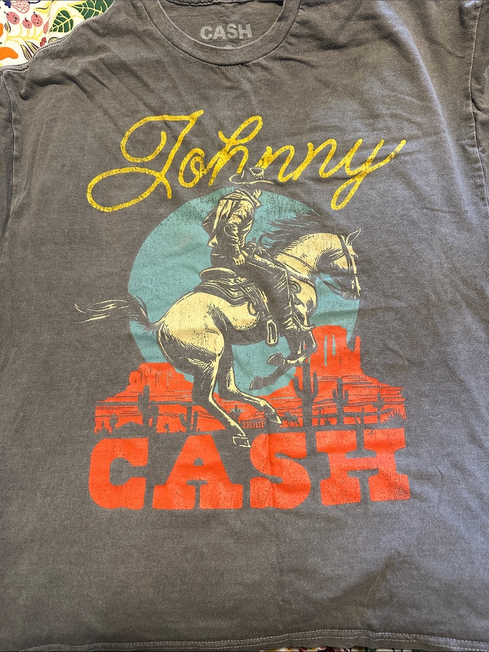 Ash Charcoal Tee with Yellow Script, Teal Circle & Red Desert Print
